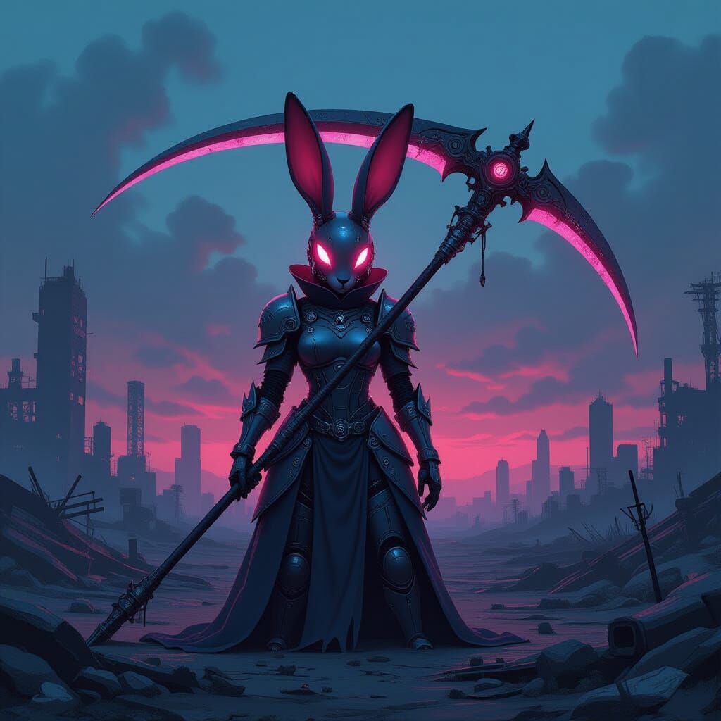 Hot Pink Robot Rabbit with Scythe in Post-Apocalyptic Wastel...