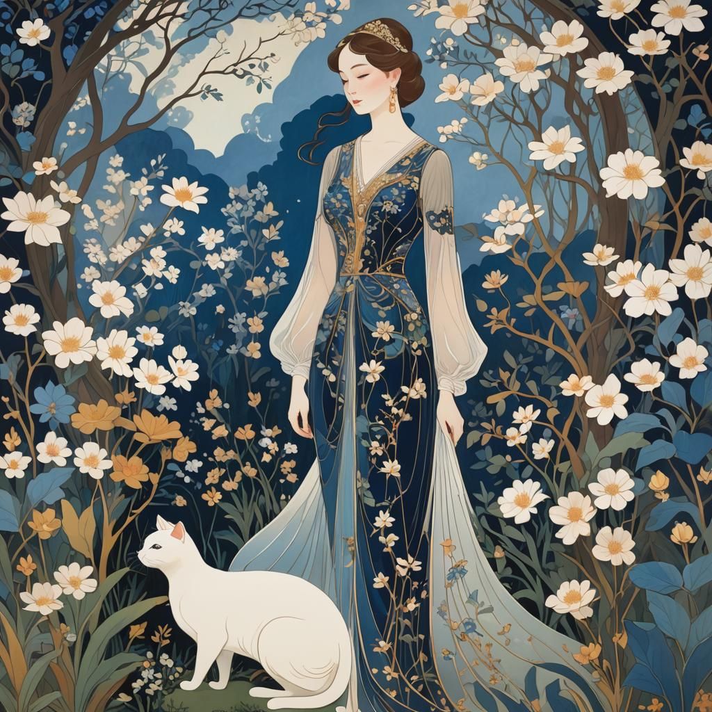 Elegant Lady with Cat in Art Nouveau Style