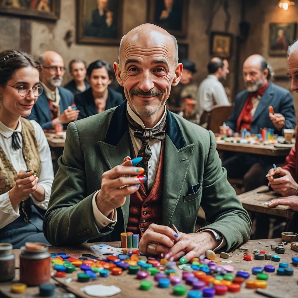 Colorful Man Admiring Rainbow Nails in Workshop