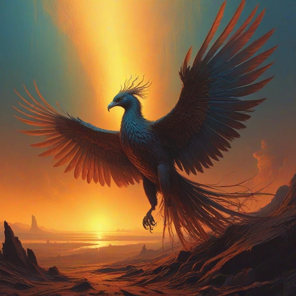 Bioluminescent Phoenix Soaring in Twilight, Surreal Digital ...