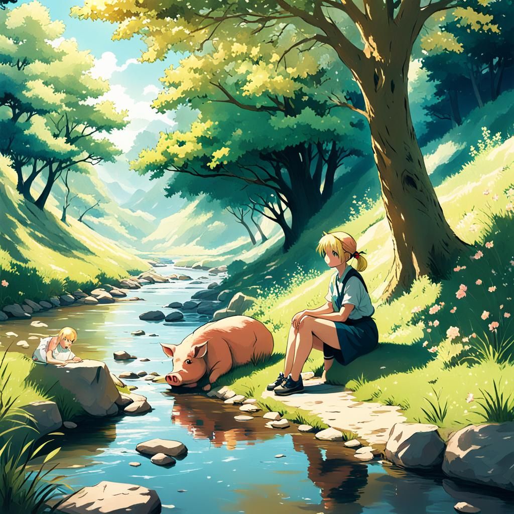 Pig and Woman by Stream in Anime Style