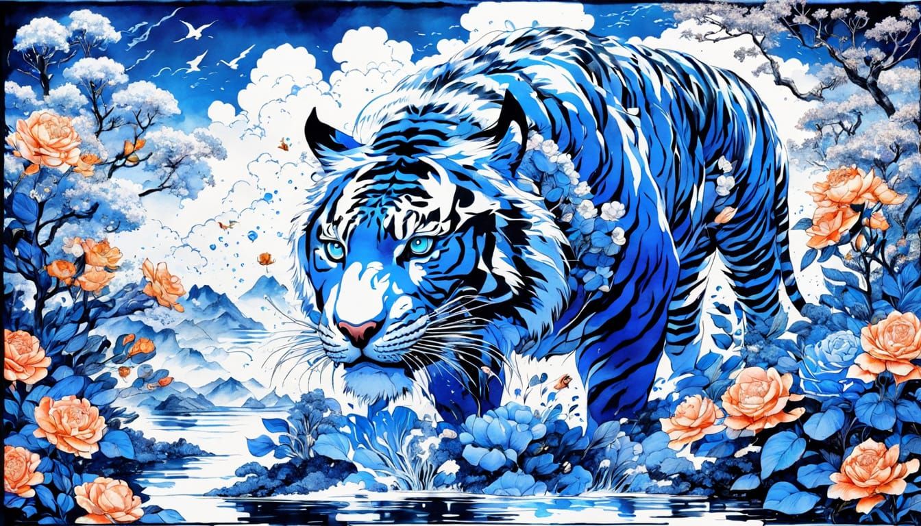 Surreal Watercolor Tiger in Asian Spring Landscape