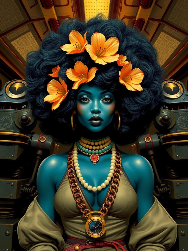 Steampunk Goddess of Freedom Rides Vintage Train