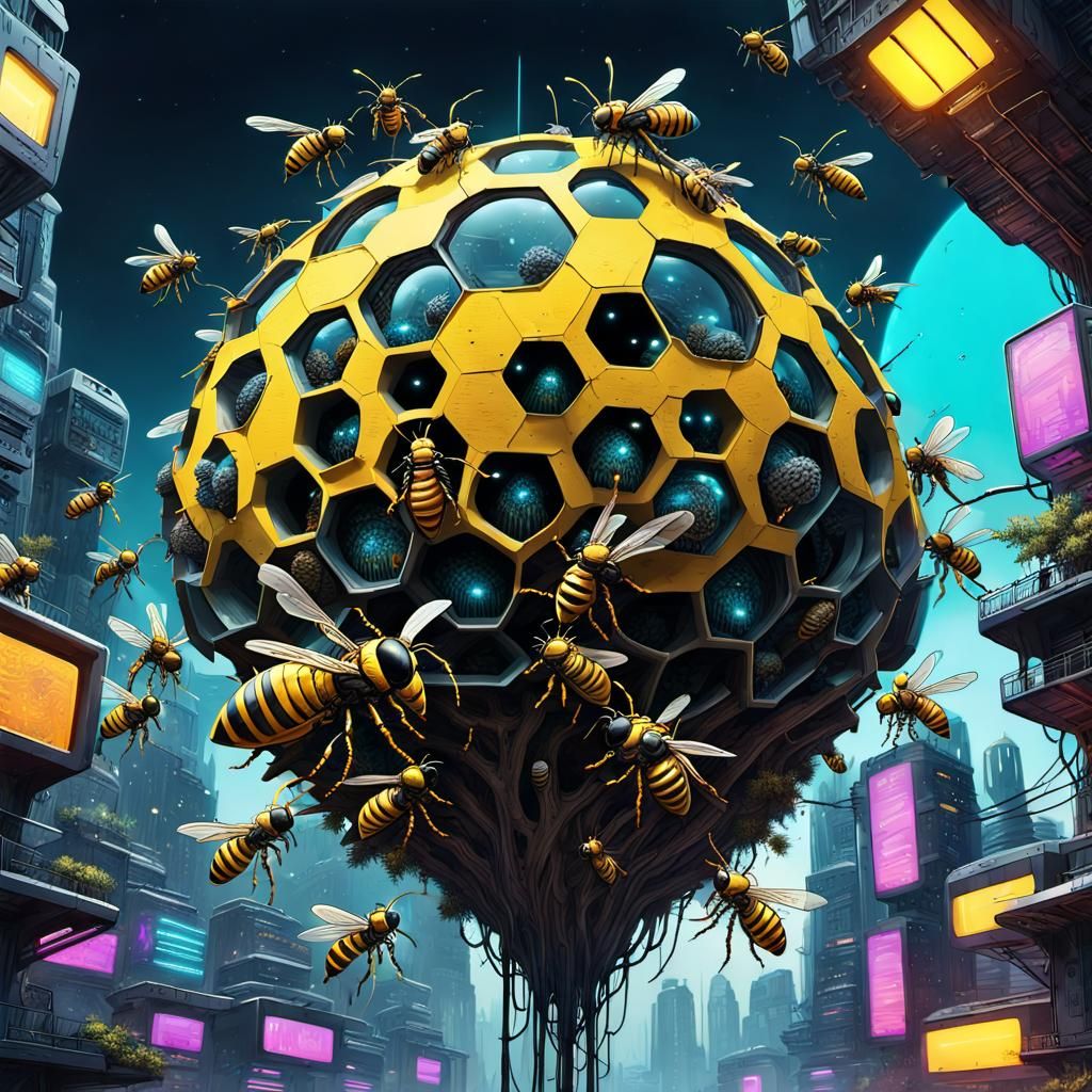 Futuristic Wasp Nest City on Alien Tree