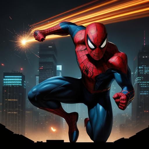 Spiderman Swings Through City: Comic Book Art