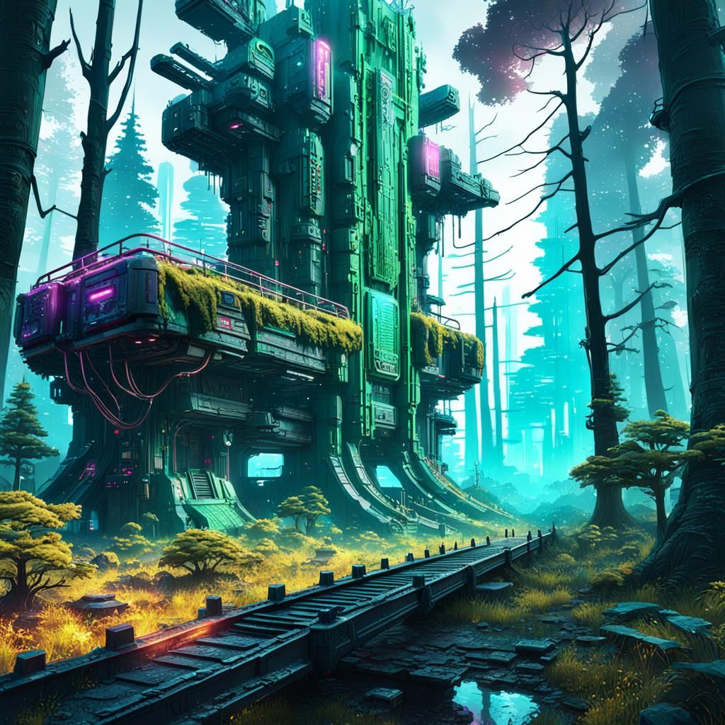 Cyberpunk Forest in Detailed Matte Painting Style