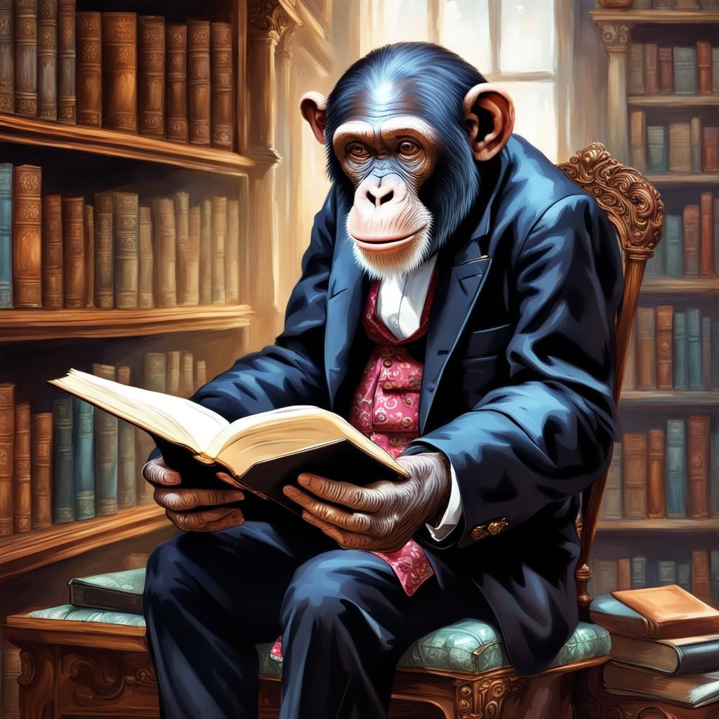 Victorian Chimpanzee Reads Book: Hyperrealistic Digital Art
