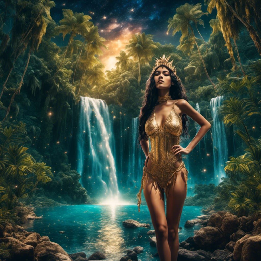 Persian Princess in Rainforest Oasis Under Starry Sky