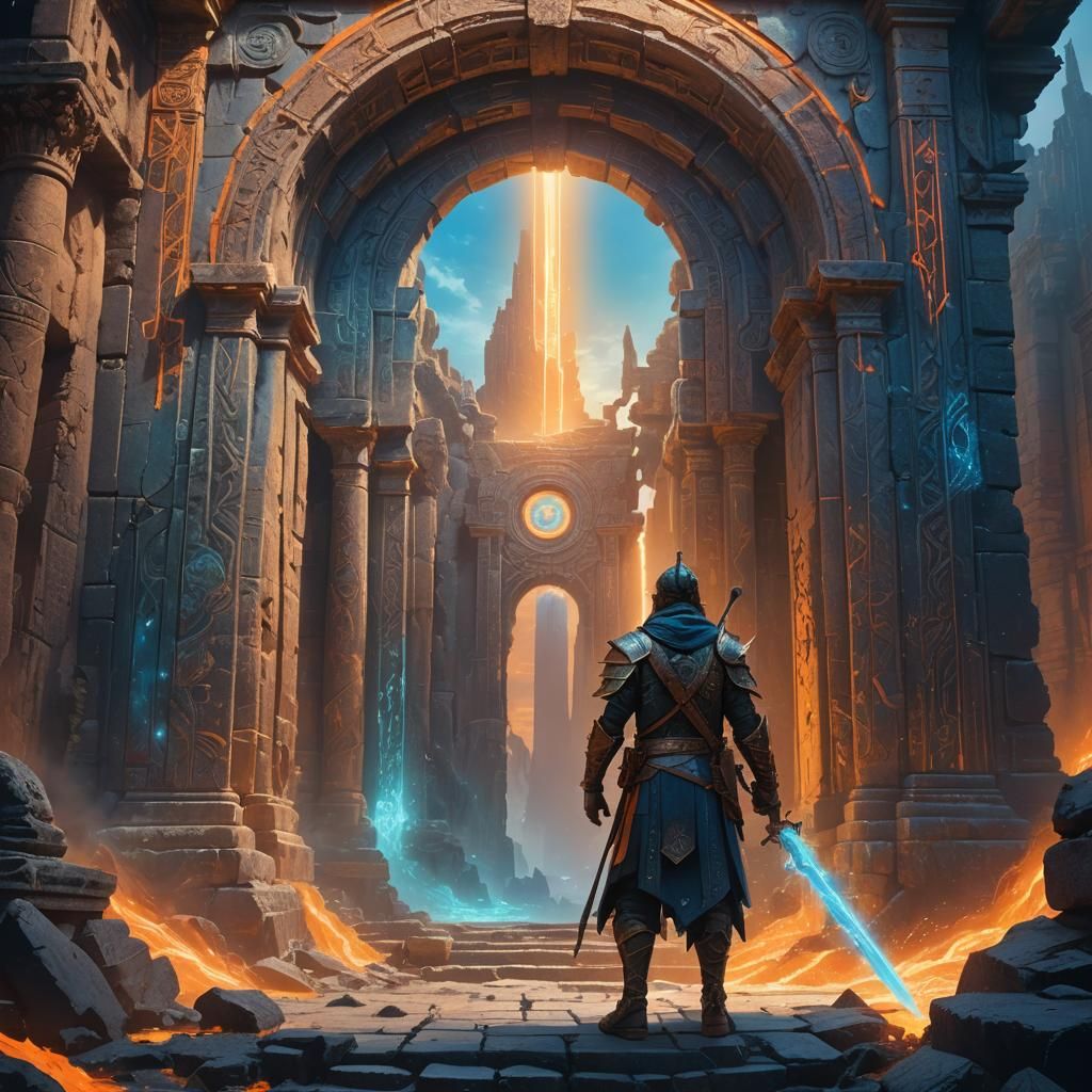 Mystical Warrior at Glowing Portal: Concept Art