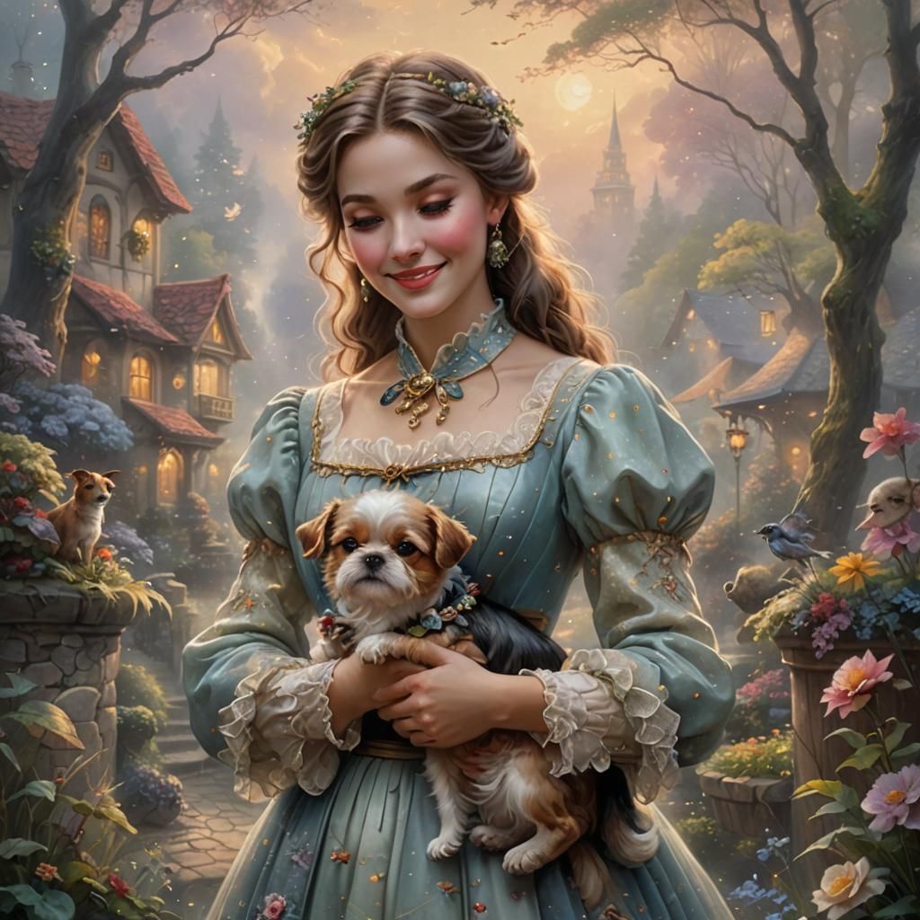 Ethereal Woman with Dog in Hyperdetailed Fantasy Landscape