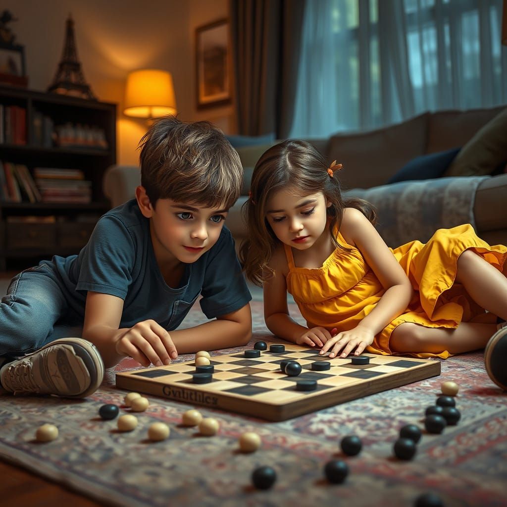 A young brother and his sister are lying on their living  ro...