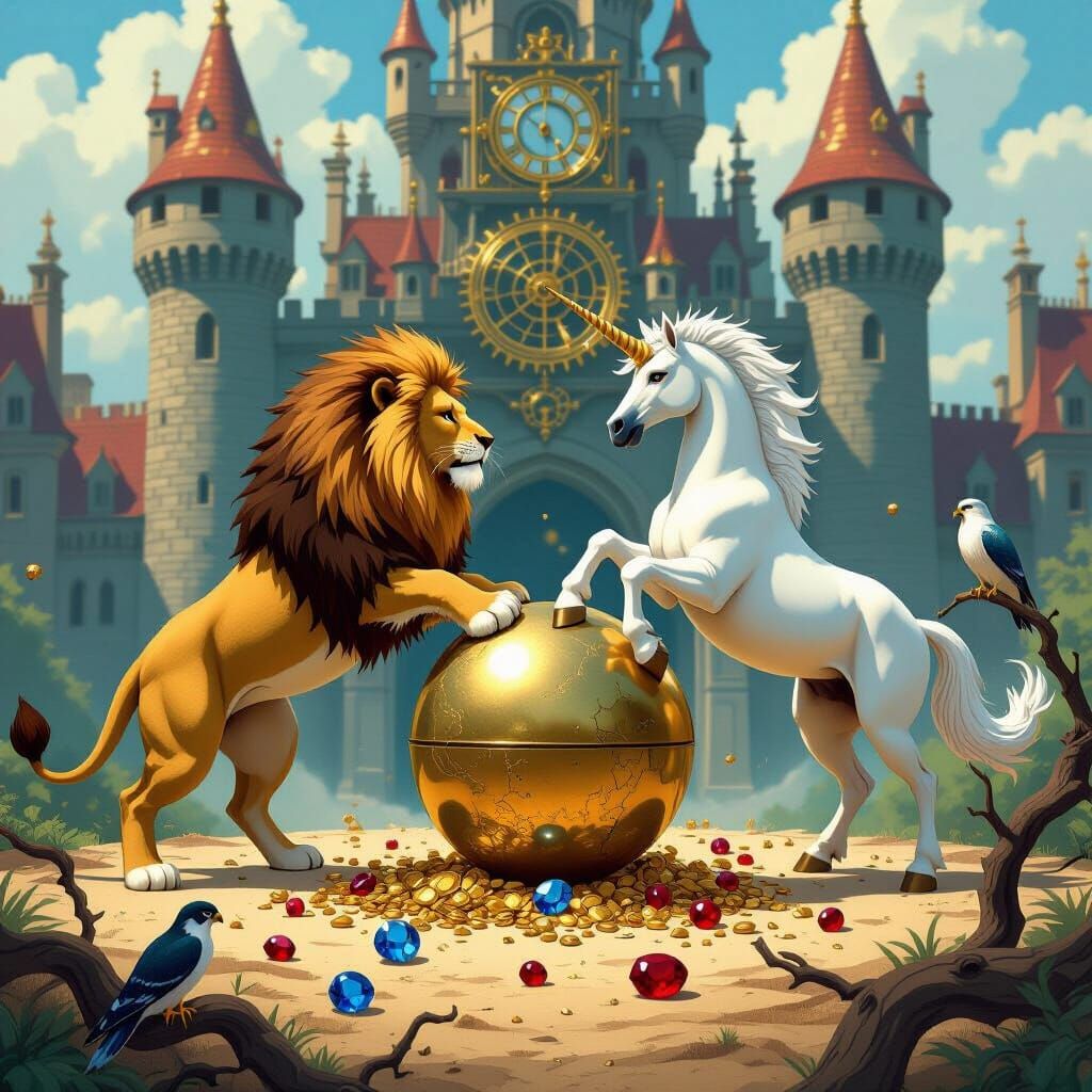 Lion and Unicorn Battle with Clockwork Castle Backdrop