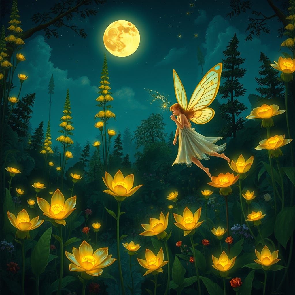 Bioluminescent Garden Fairy in Art Nouveau Style