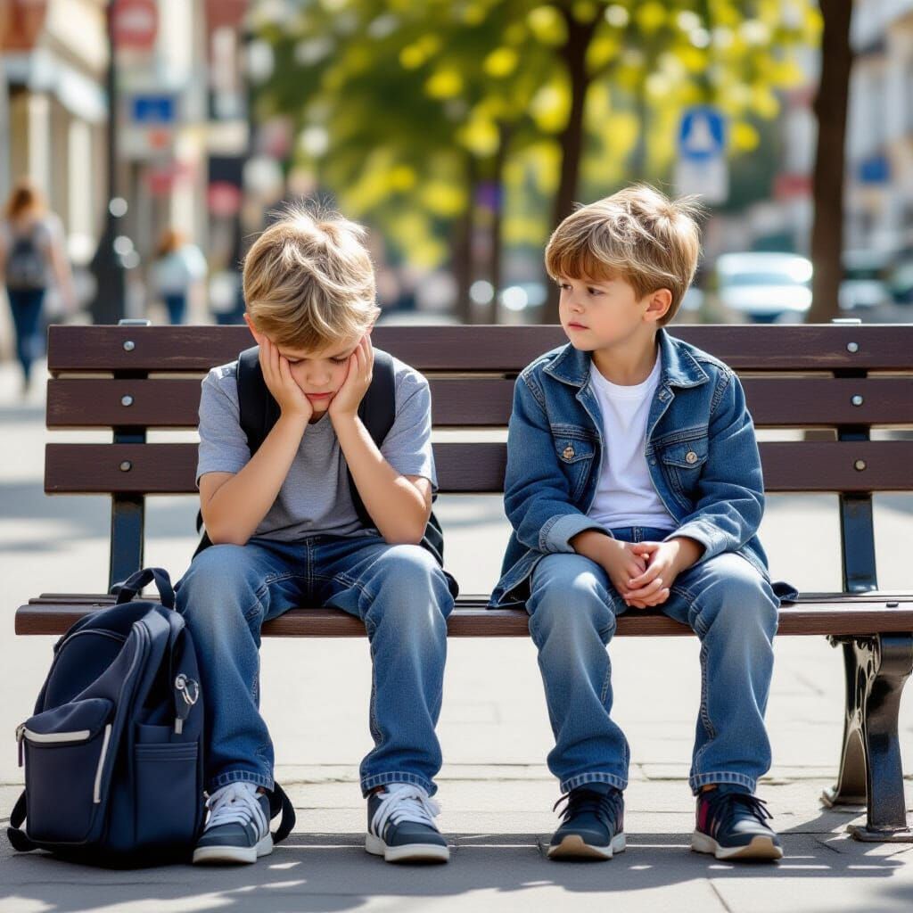 Sad Boy on Bench Comforted by Friend