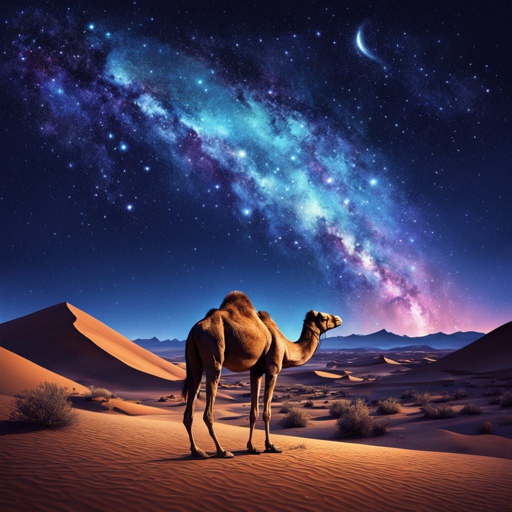 Surreal Desert Camel Under Starry Night Sky