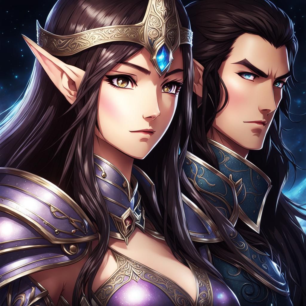 Elven Man and Armored Woman in Anime Style