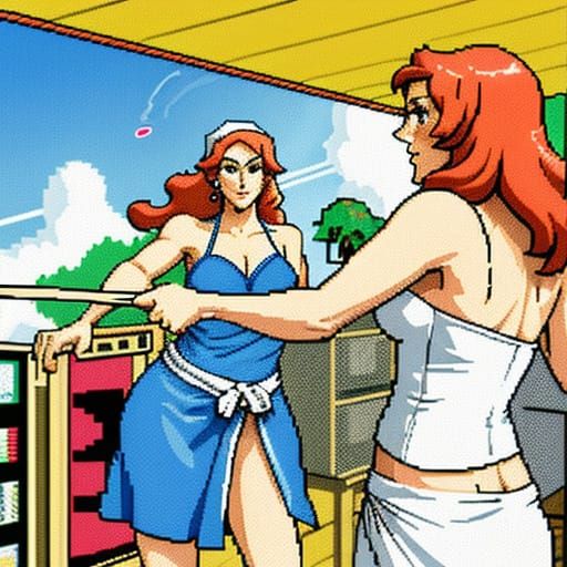 8bit Bit art Jiggle physics hot skimpy housewife throws line...