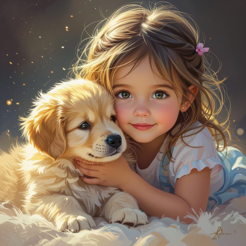 Girl Playing with Golden Retriever Puppy in Dynamic Lighting