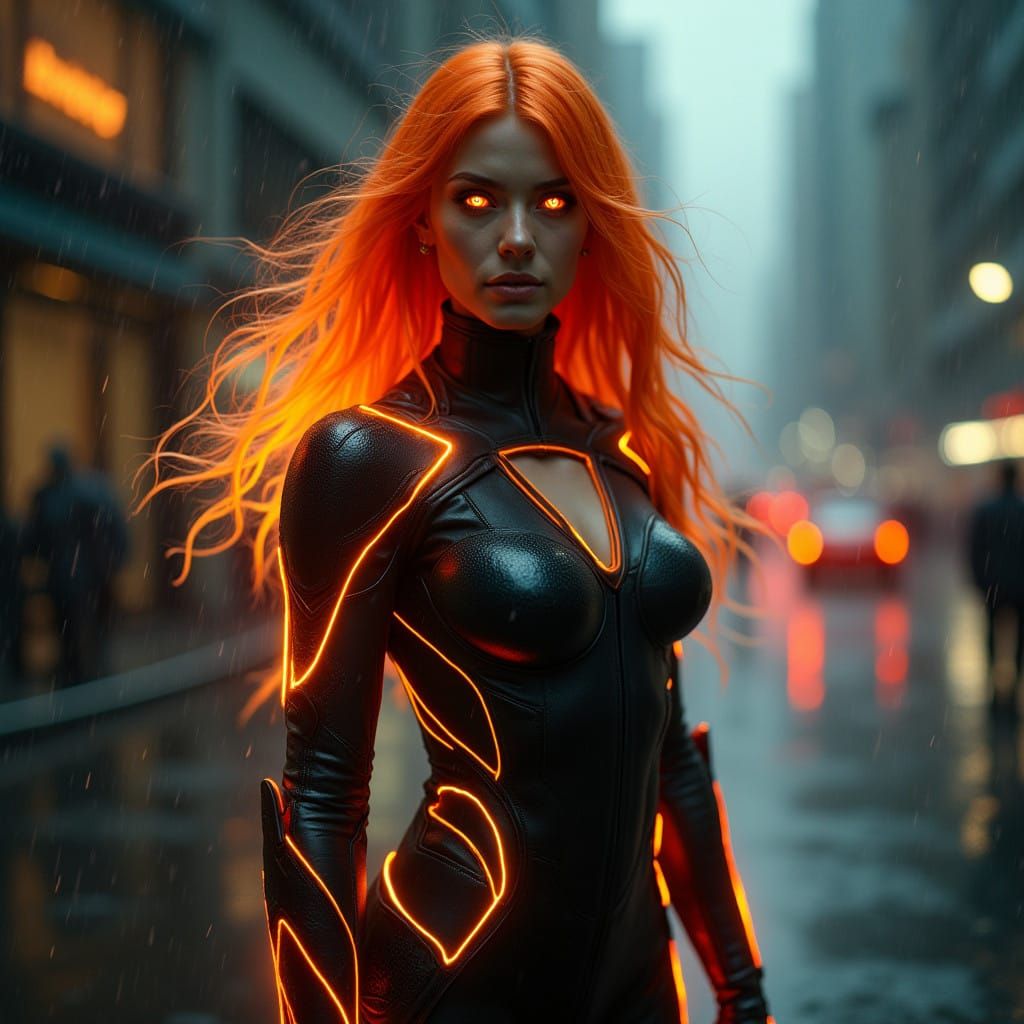 Hyperreal Firebird Hyper-Noir Superheroine in Neon Rainy Cit...