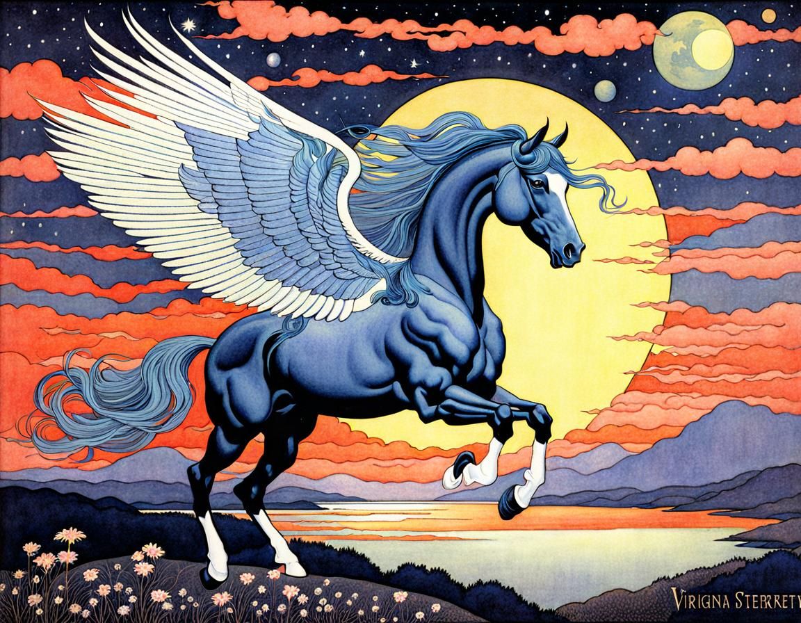 Pegasus in Golden Age Illustration Style