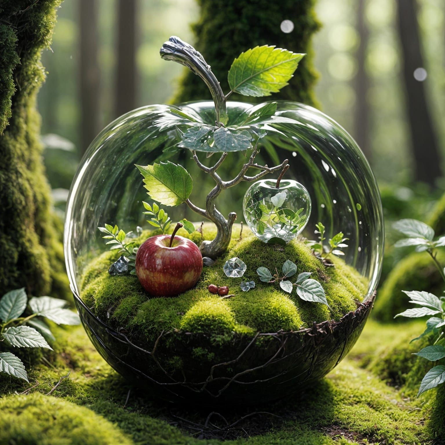 Crystal Apple in Dark Forest with Miniature Orchard Inside
