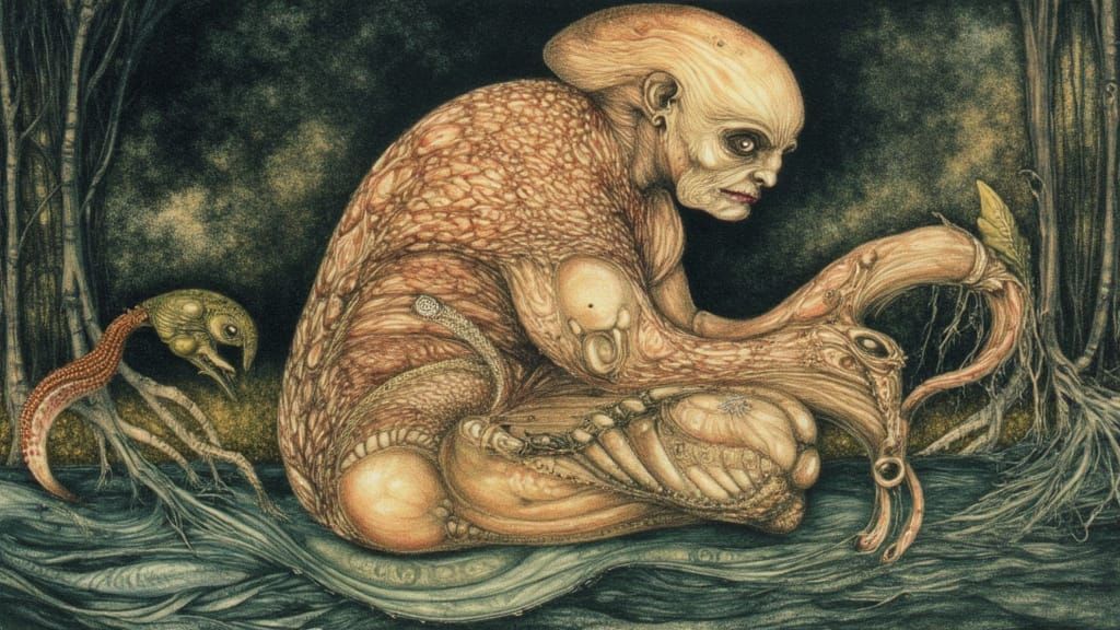 Bizarre Mutant Hybrid Creature in Egon Schiele Style