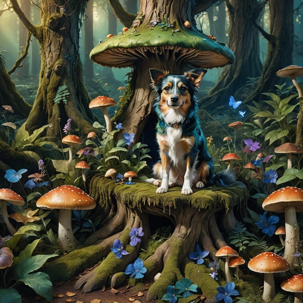 Dog King on Mushroom Throne: Fantasy Art