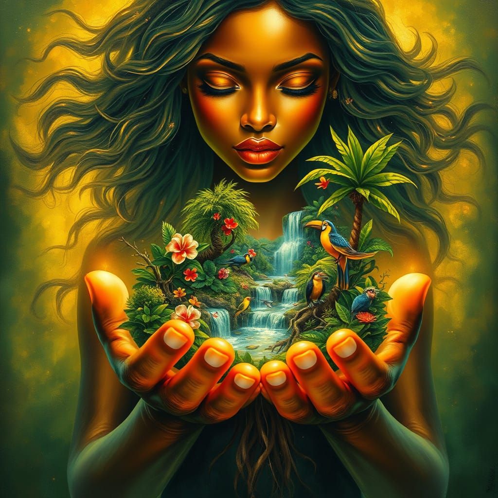 Tropical Paradise in Cupped Hands of a Serene Caribbean Godd...