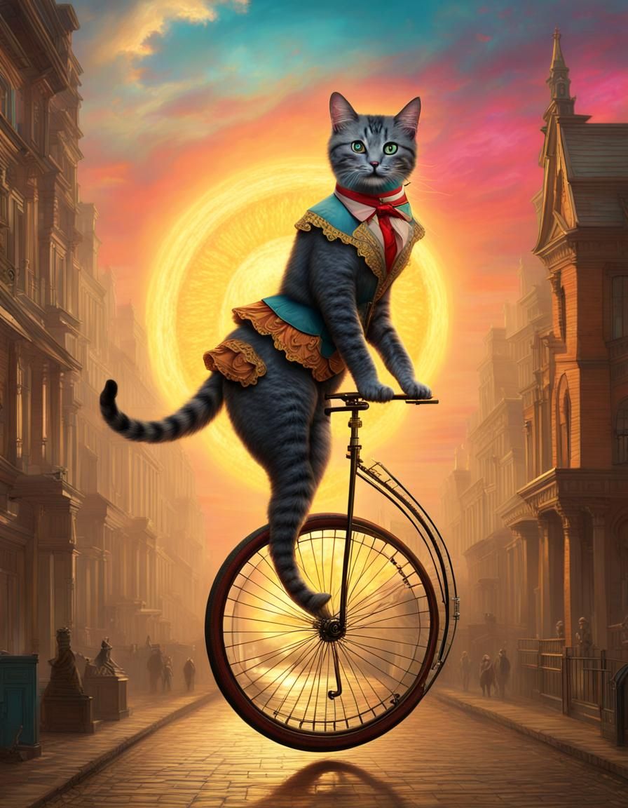 Victorian Cat Rides Unicycle in Whimsical Digital Art