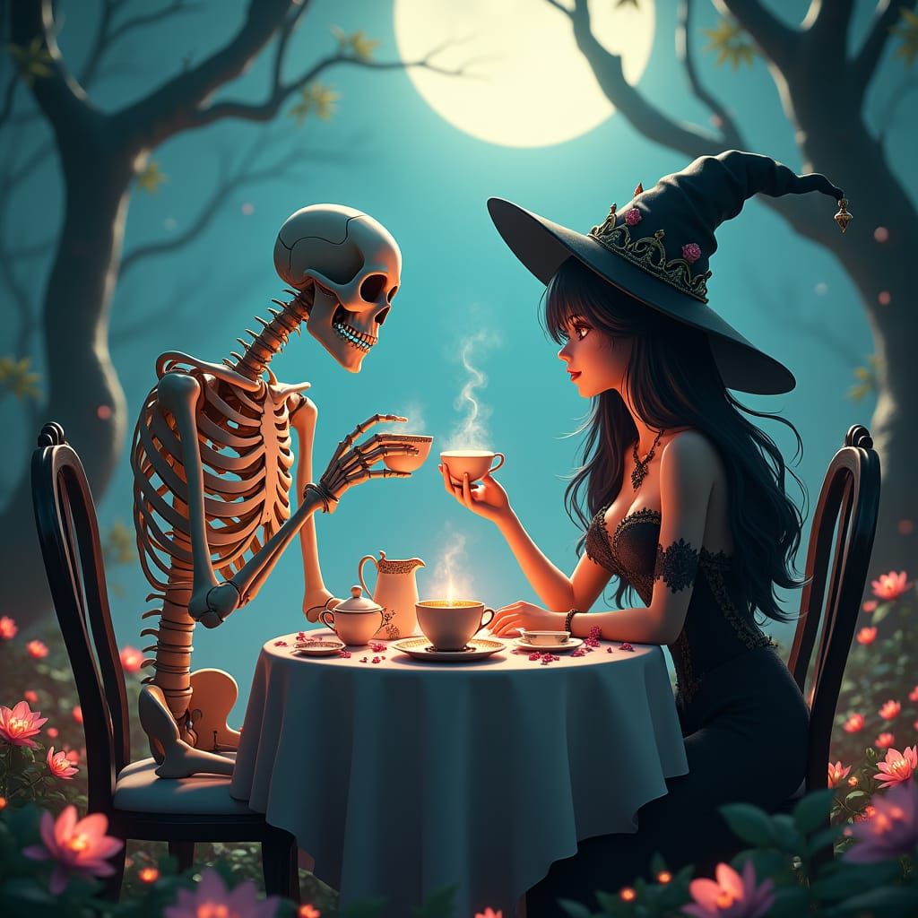 Anime Skeleton Shares Tea With Witch in Garden