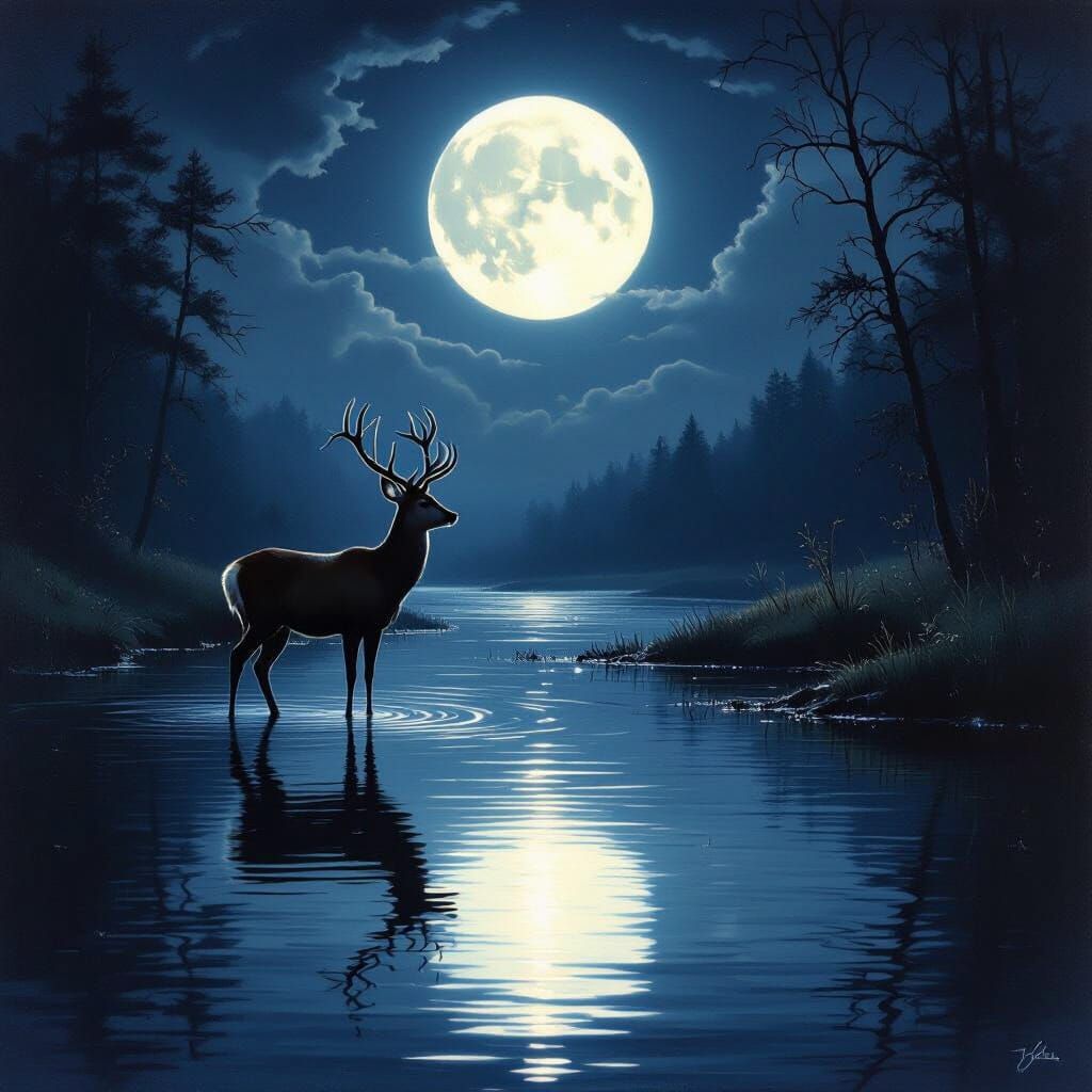 Deer Gazes at Moonlit River Reflection