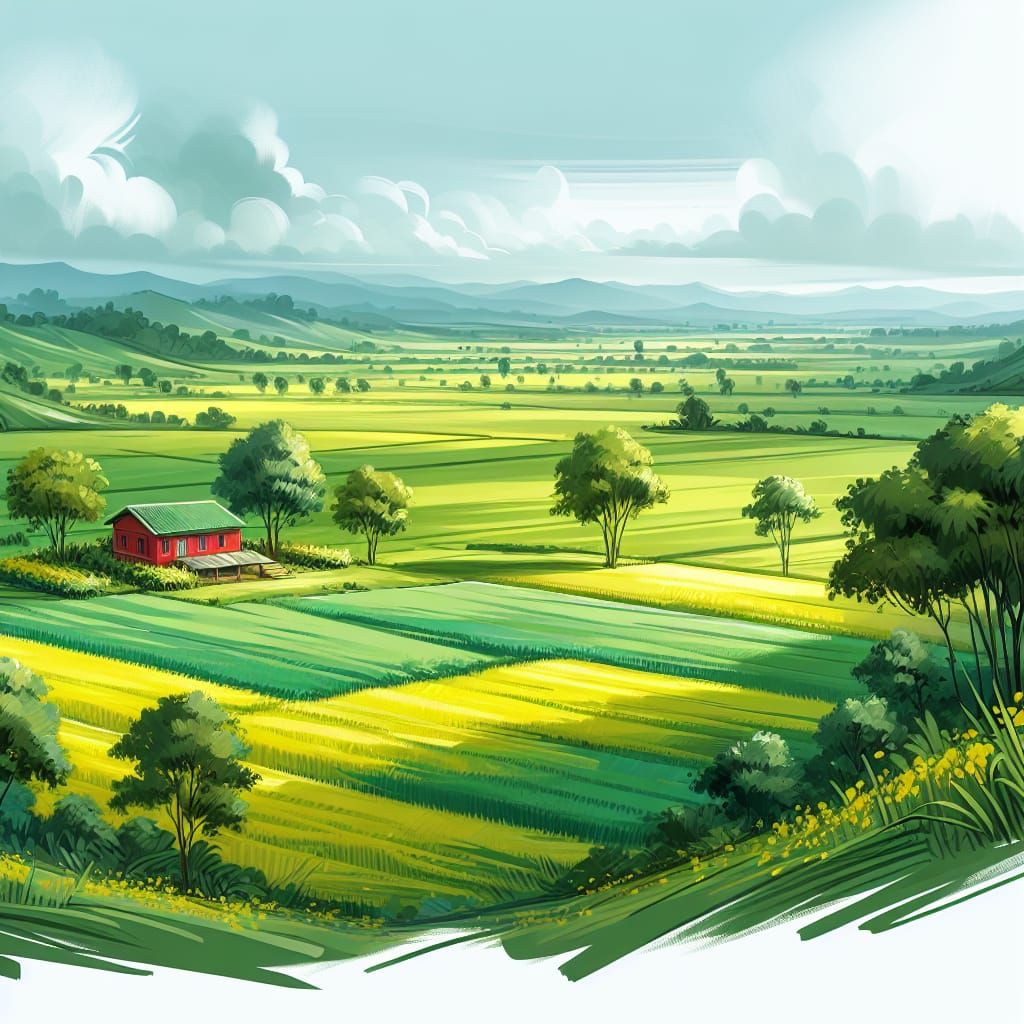 Peaceful Countryside with Red House