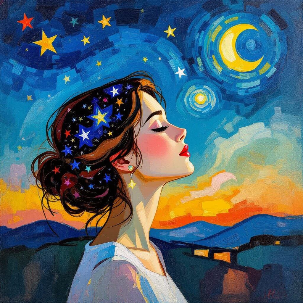 Woman with Stars: Expressionist Oil Painting