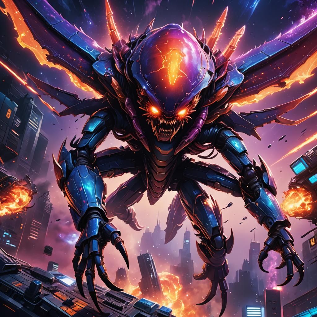 Giant Winged Alien HellCrab Attack in Manga Style