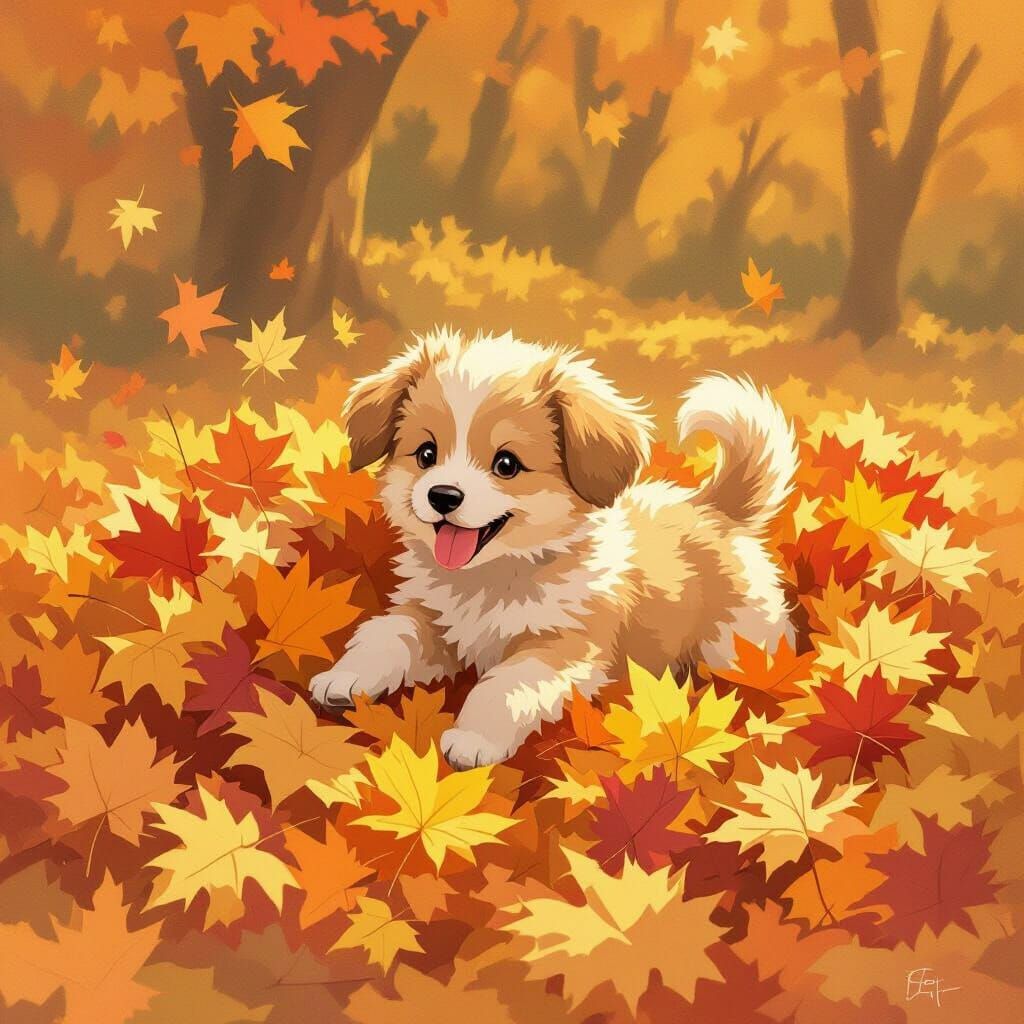 Fluffy Puppy Plays in Vibrant Autumn Leaves