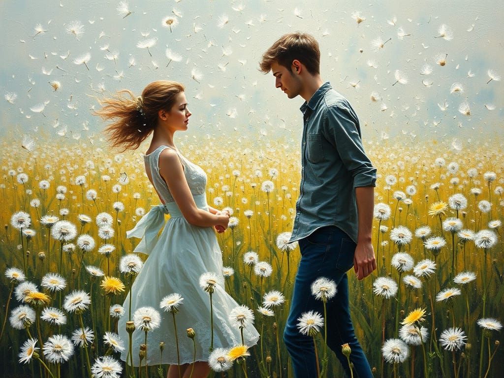Surreal Dandelion Landscape with Lovers