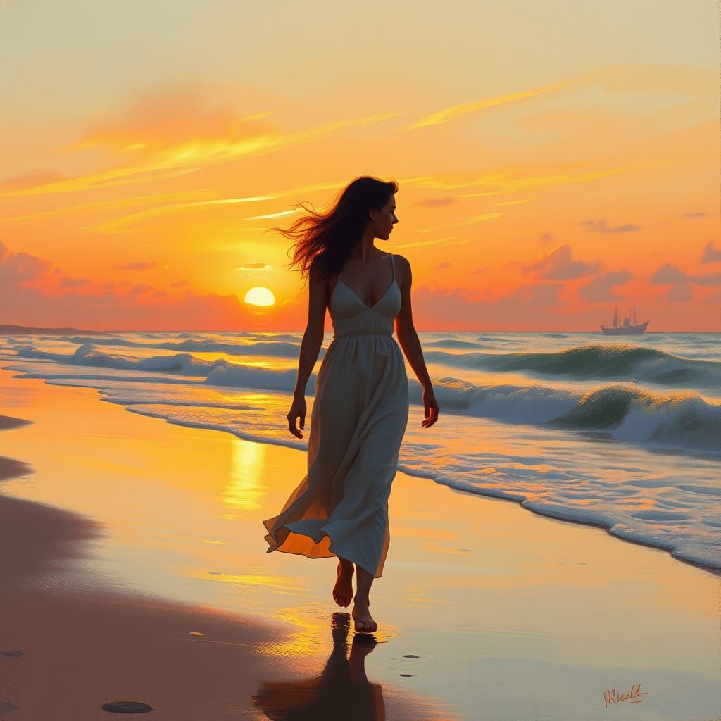 Impressionist Beach Sunset with Woman
