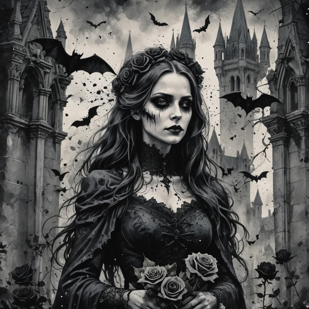 Gothic Vampire Woman in Victorian Cemetery Ink Painting