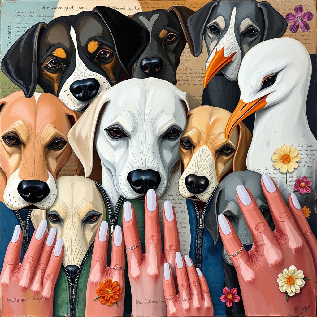 Abstract Dogs and Seagulls in Vibrant Impasto Colors