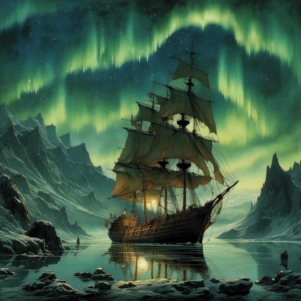 Aurora Over Bay with Sailing Ship in Digital Painting Style