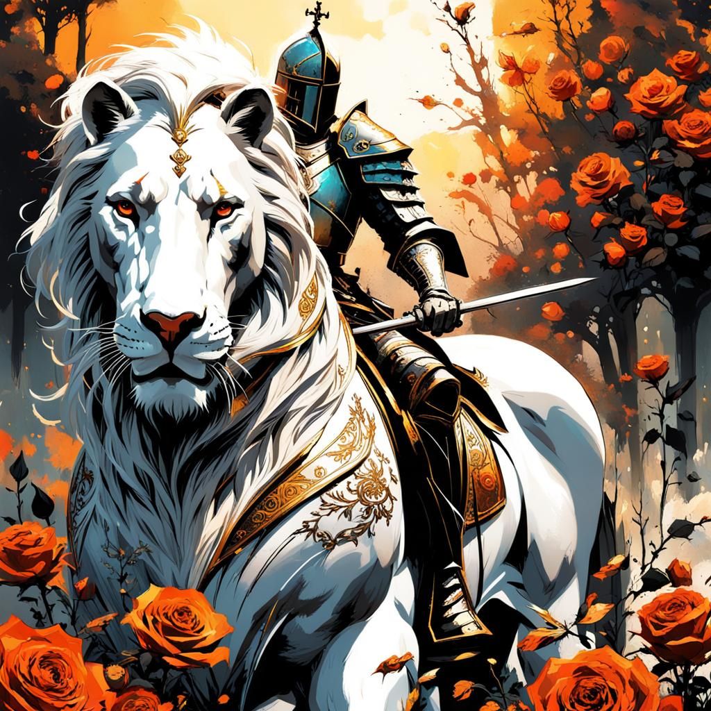 Gothic Knight on Lion in Rose Field, Gouache Style