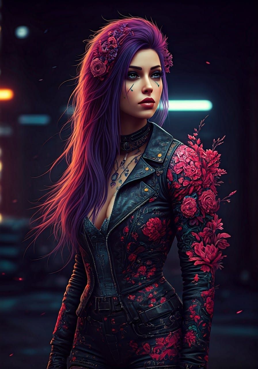 Florescent Cyberpunk Biker Girl in Neon Style