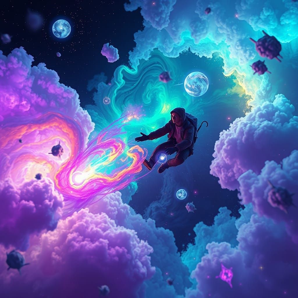 Cosmic Traveler Soaring Through Iridescent Nebula