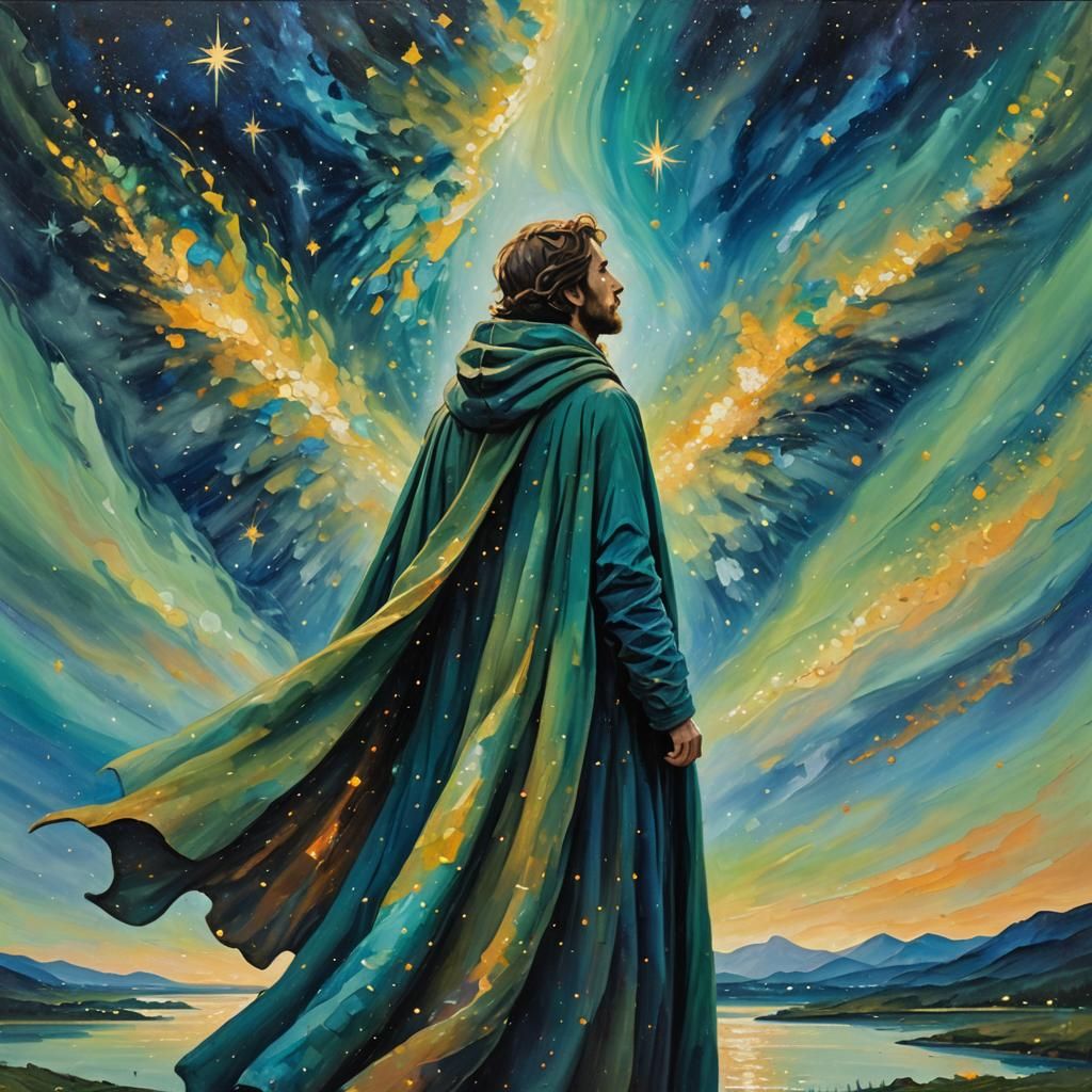Ethereal Figure Gazing at Starry Sky as Oil Painting