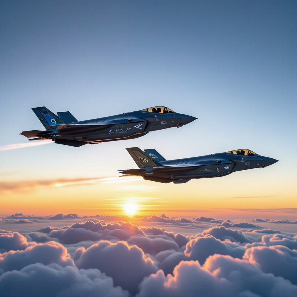 F-35 Jets in Formation at Sunset, Hyperrealistic Style