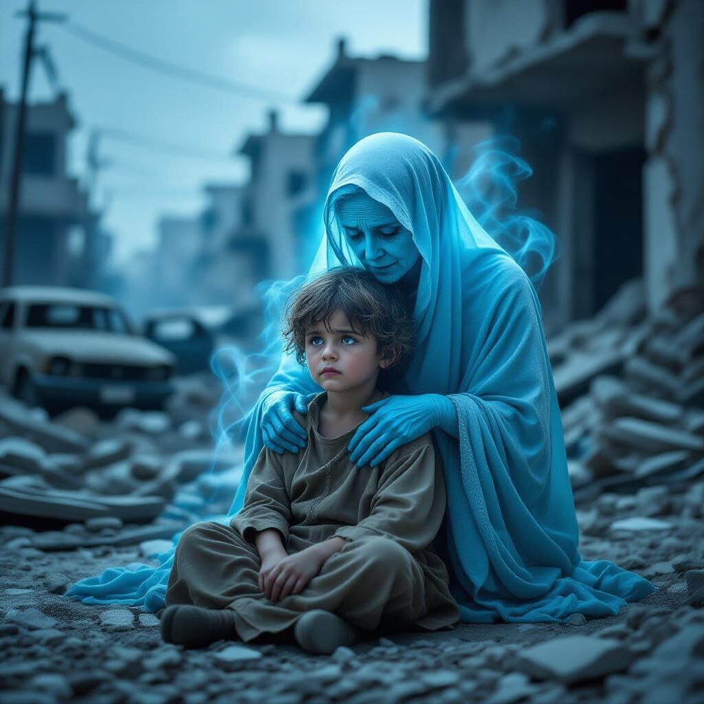 Sorrow in Ruins: Child Embraced by Spirit