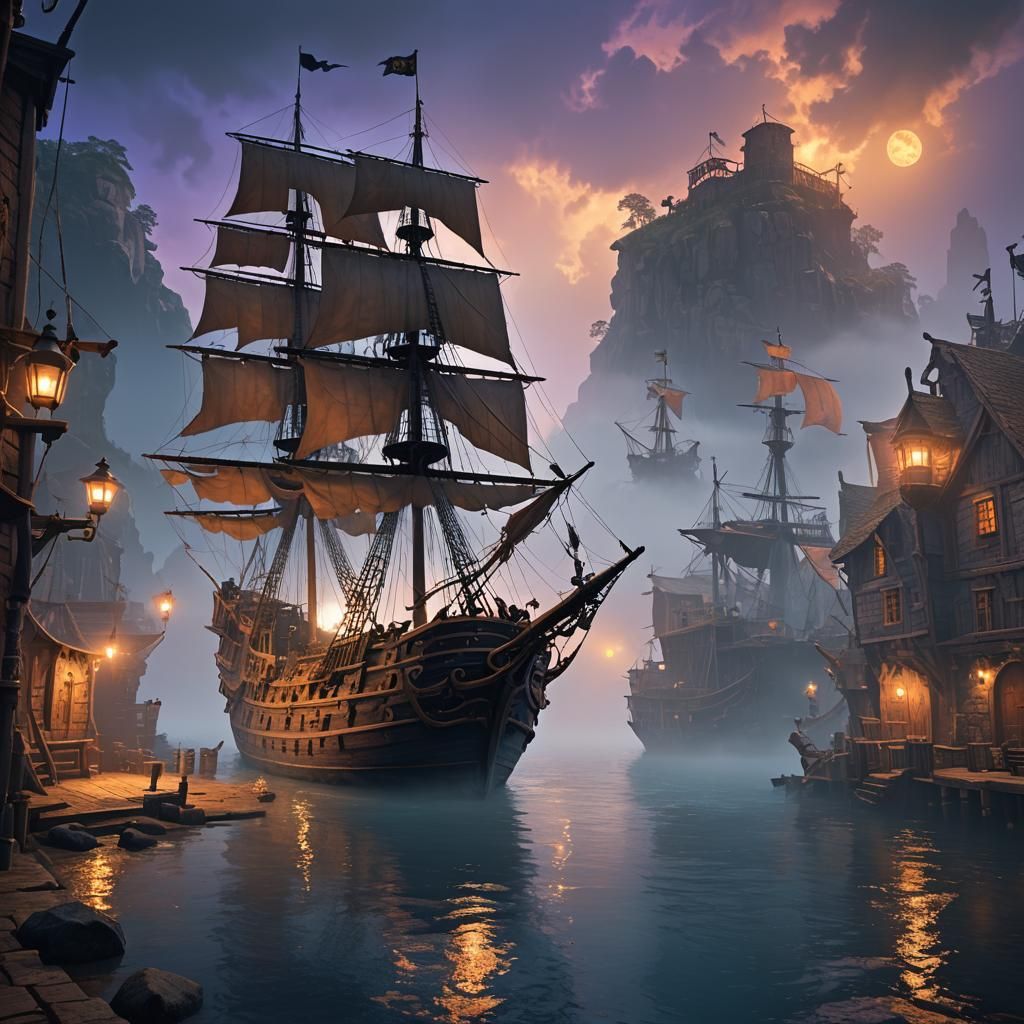 Epic Pirate Ship in Mysterious Harbor Scene