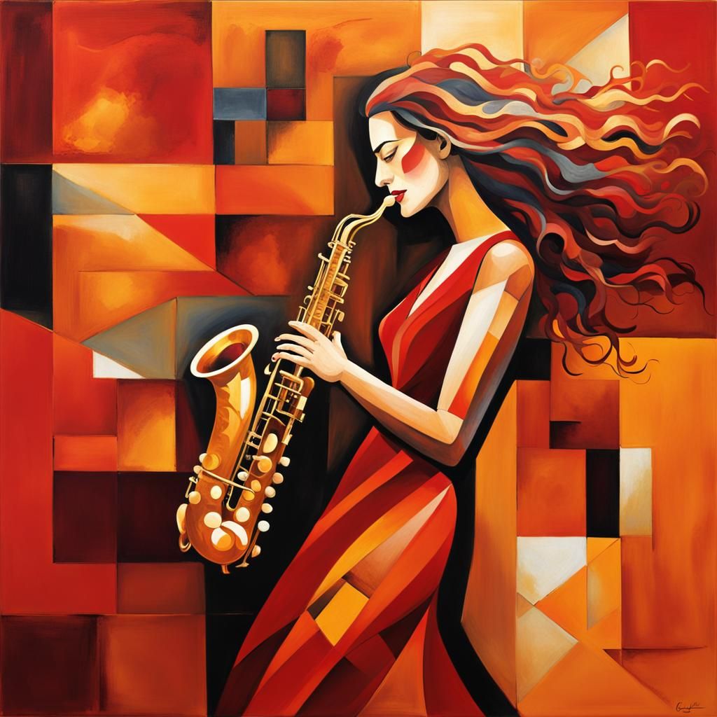 Passionate Saxophone Player in Vibrant Geometric Setting