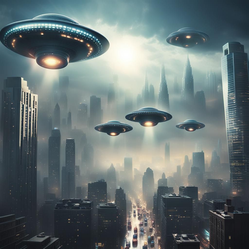 UFOs Over Cityscape in Photorealistic Digital Art