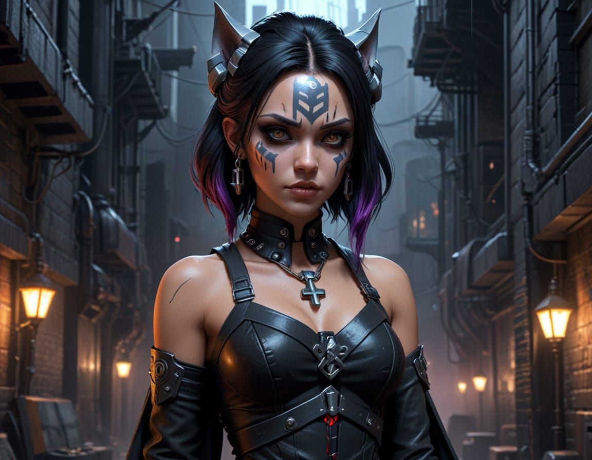 Cyberpunk Goth Ahsoka Tano in Dark Alley